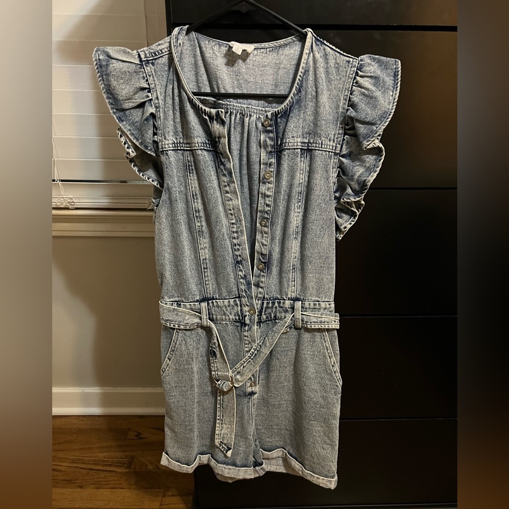 Ruffle Sleeve Denim Romper with Belt